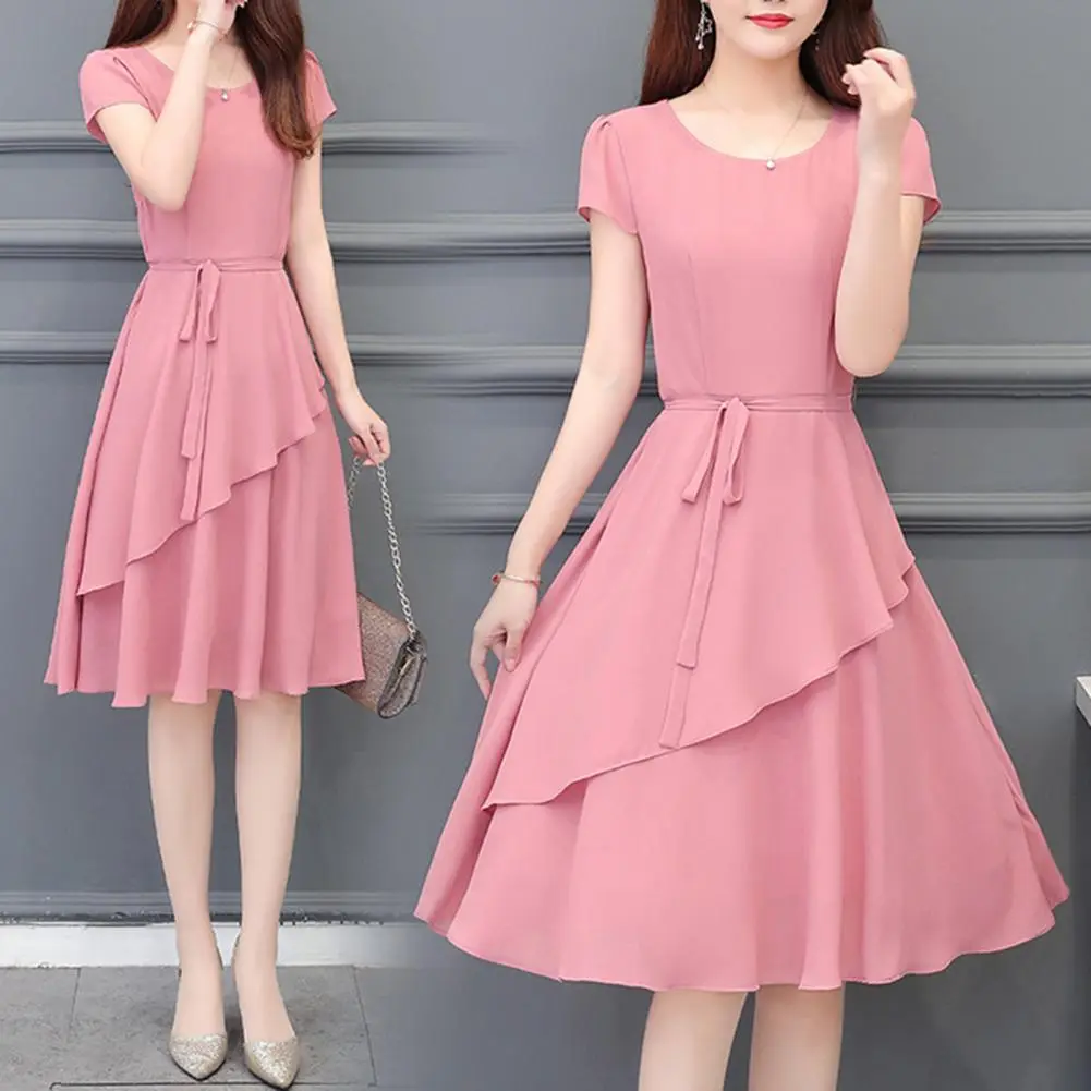 Chiffon Women Midi Dress Spring Elegant Female Short Sleeve Lace Up A-line Layered Hem Summer Dress Casual Versatile Dress