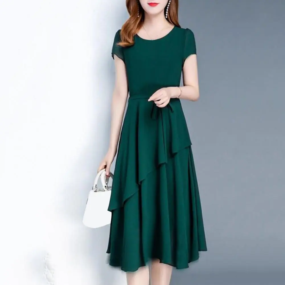 Chiffon Women Midi Dress Spring Elegant Female Short Sleeve Lace Up A-line Layered Hem Summer Dress Casual Versatile Dress