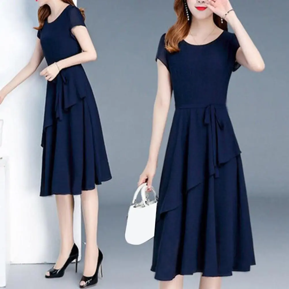 Chiffon Women Midi Dress Spring Elegant Female Short Sleeve Lace Up A-line Layered Hem Summer Dress Casual Versatile Dress