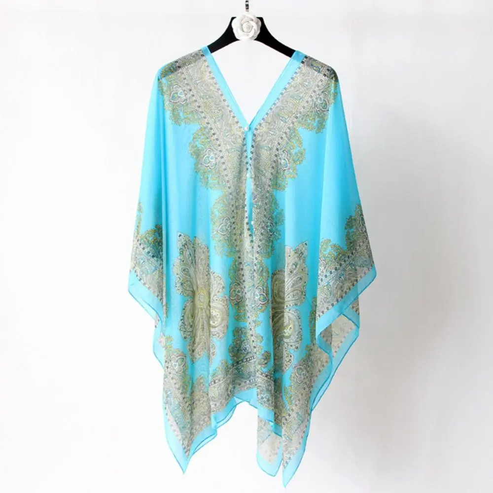 Women Beach Bikini Cover Up Chiffon Button Blouse Shawl Scarf Magic Printed Chiffon Sunscreen Ultra Long Beach Towel Scarf Shawl