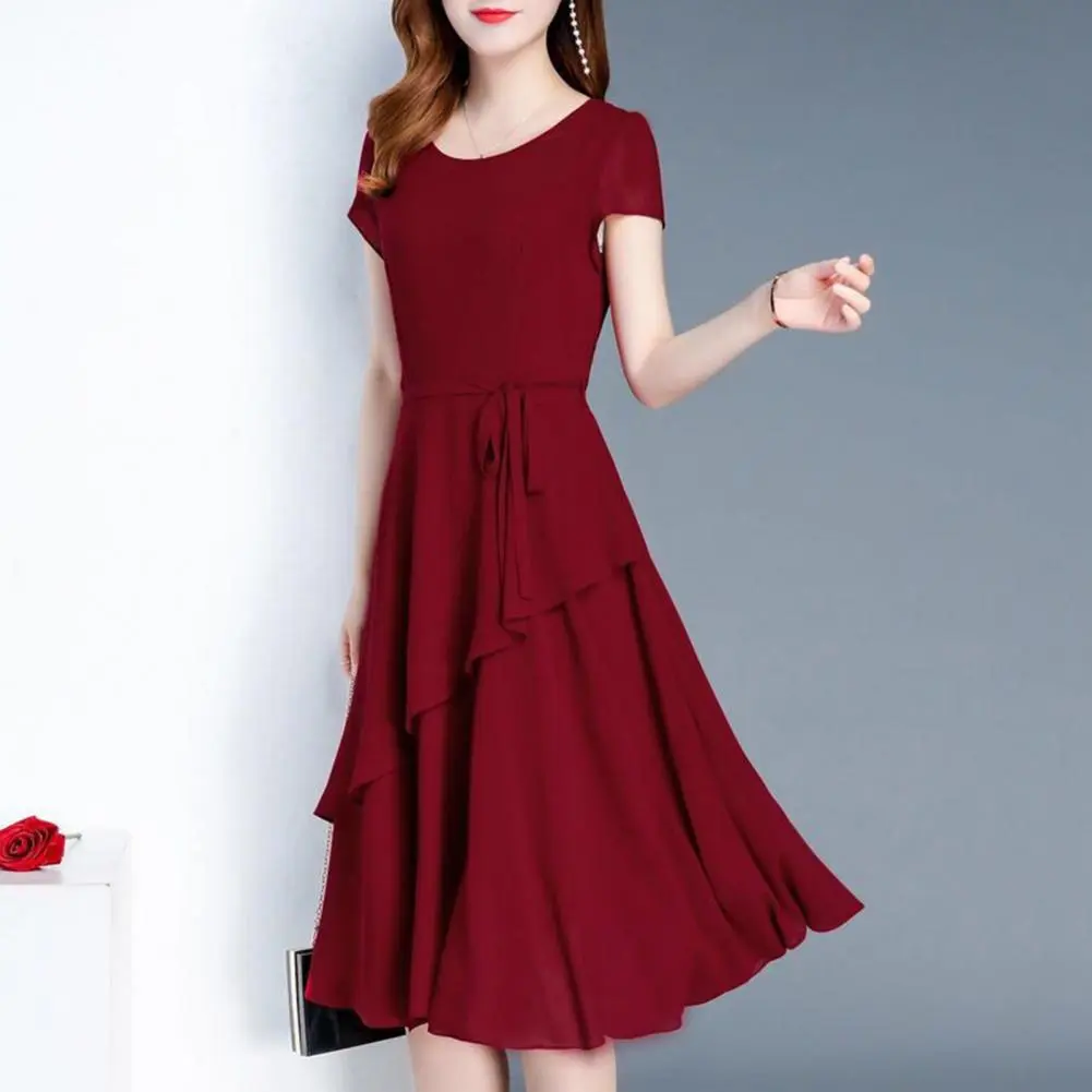 Chiffon Women Midi Dress Spring Elegant Female Short Sleeve Lace Up A-line Layered Hem Summer Dress Casual Versatile Dress