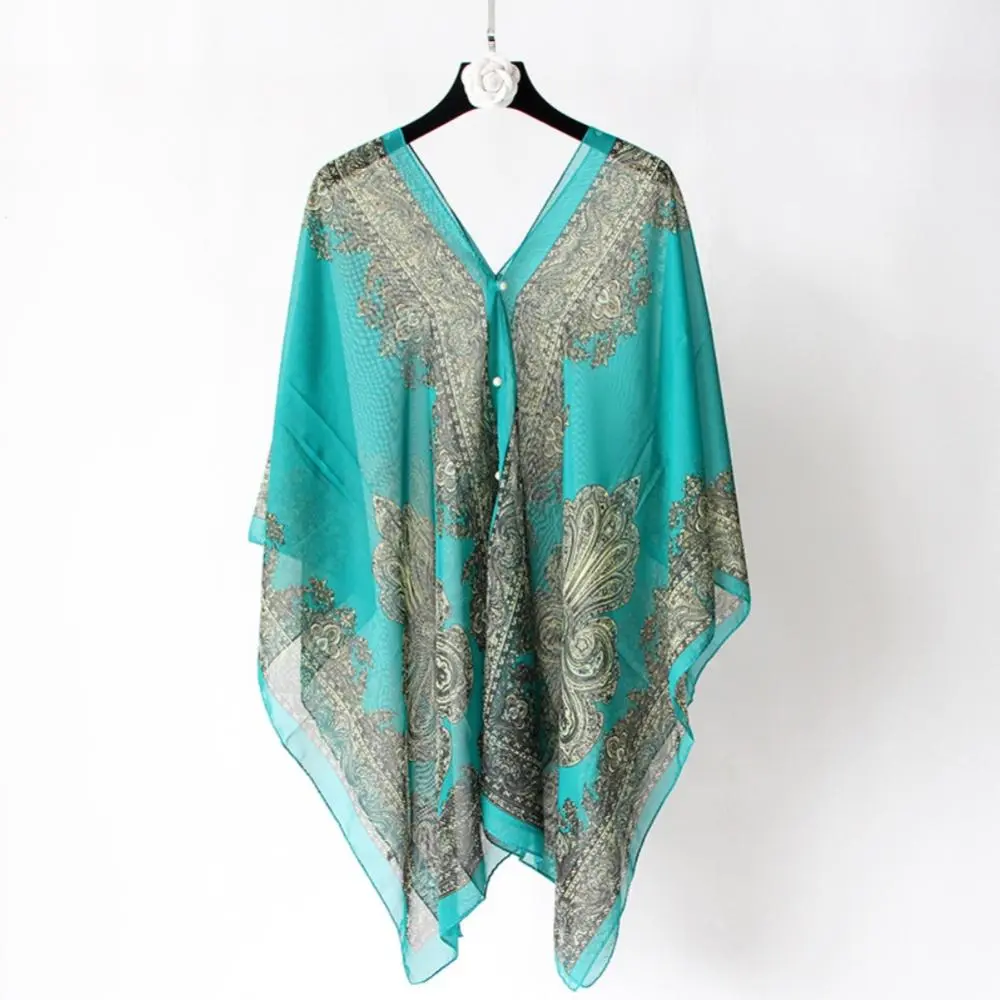Women Beach Bikini Cover Up Chiffon Button Blouse Shawl Scarf Magic Printed Chiffon Sunscreen Ultra Long Beach Towel Scarf Shawl