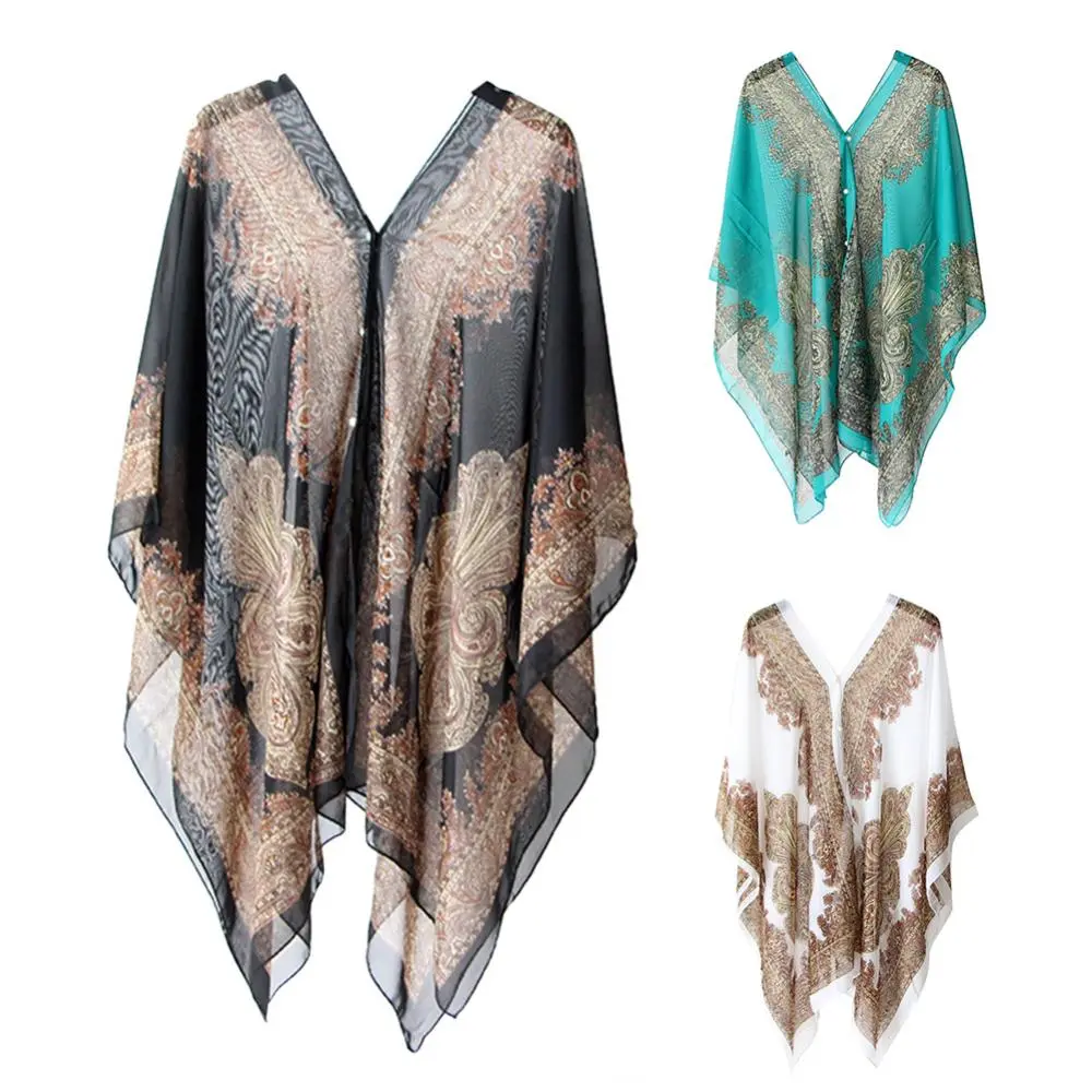 Women Beach Bikini Cover Up Chiffon Button Blouse Shawl Scarf Magic Printed Chiffon Sunscreen Ultra Long Beach Towel Scarf Shawl