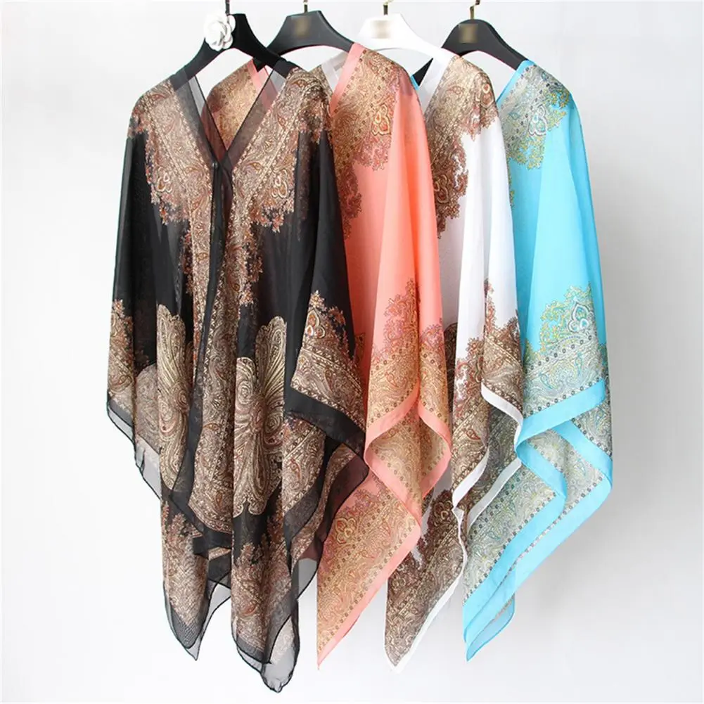 Chiffon Vintage Women Scarf Poncho Cashew Flower Print Multi-function Anti-sun Bikini Cover Up For Beach Bikinis Cover-ups