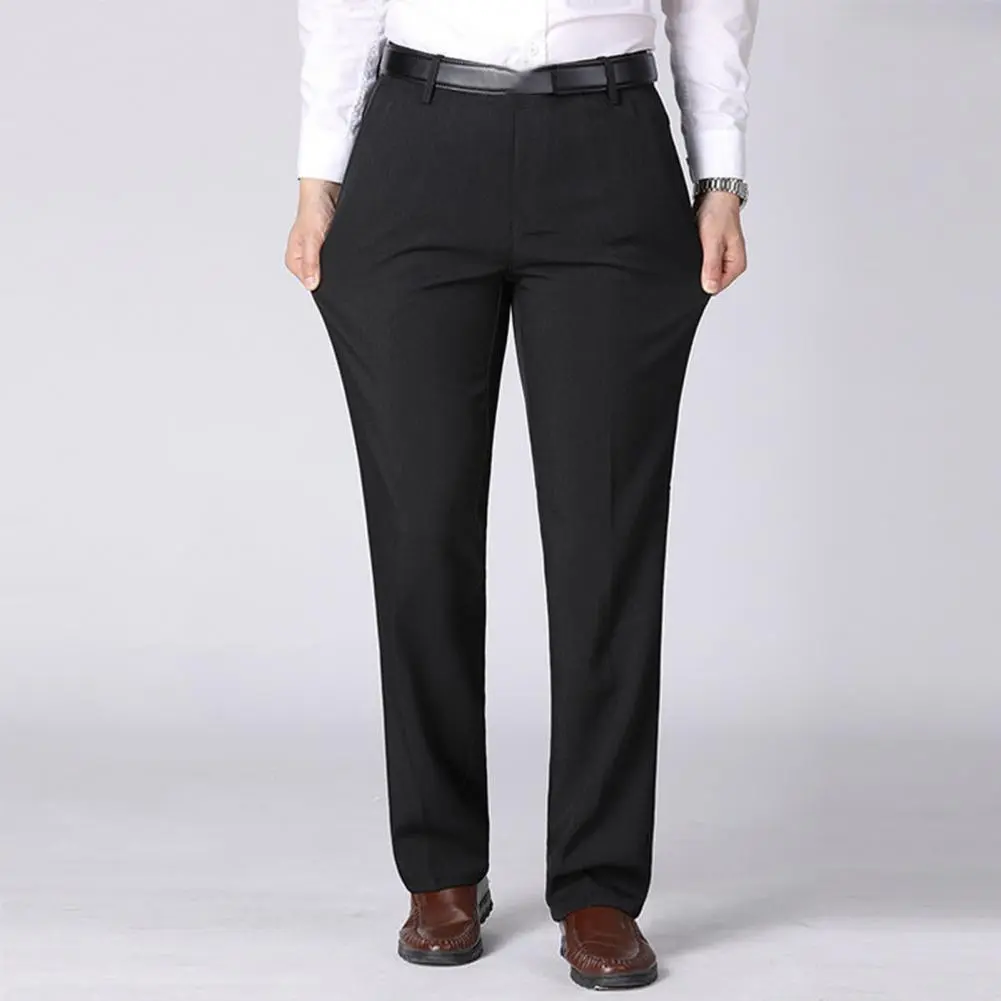 Men Business Pants High Waist Zipper Button Fly Pockets Men Pants Work Pants Solid Color Straight Fit Casual Suit Trousers