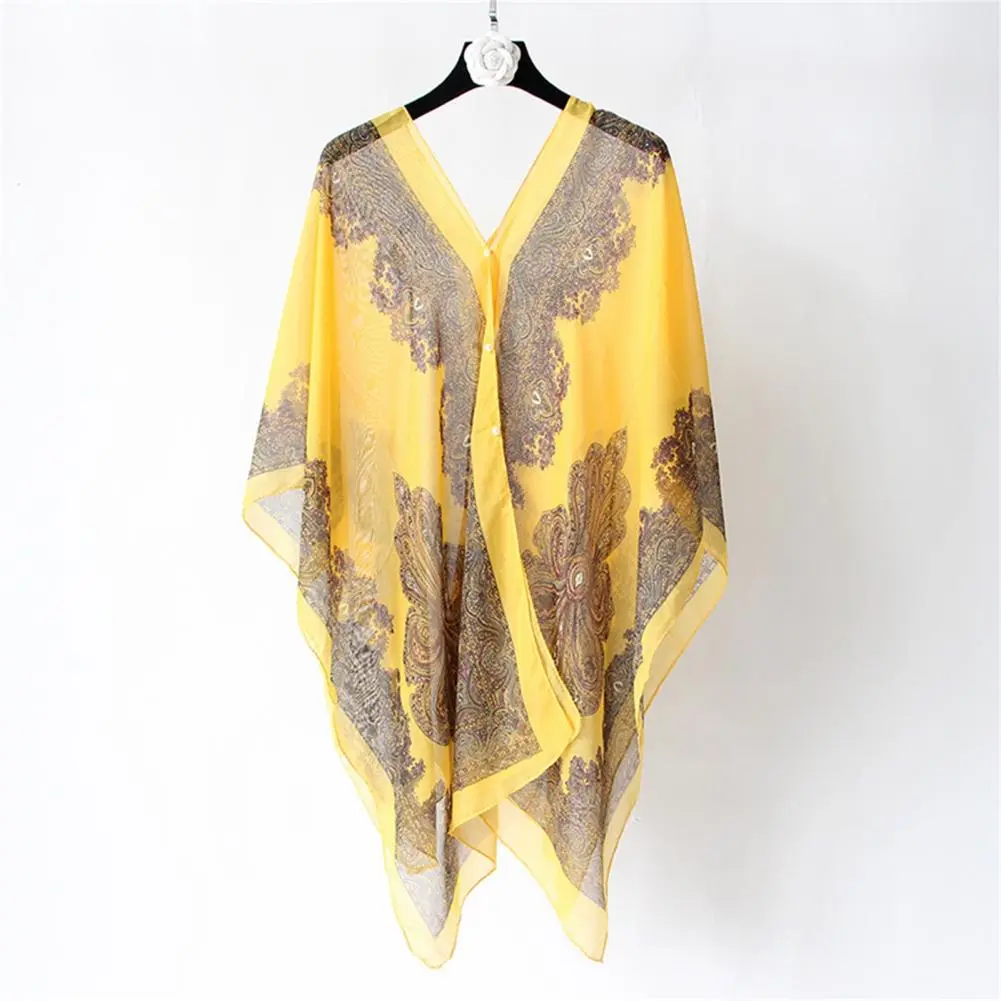 Chiffon Vintage Women Scarf Poncho Cashew Flower Print Multi-function Anti-sun Bikini Cover Up For Beach Bikinis Cover-ups