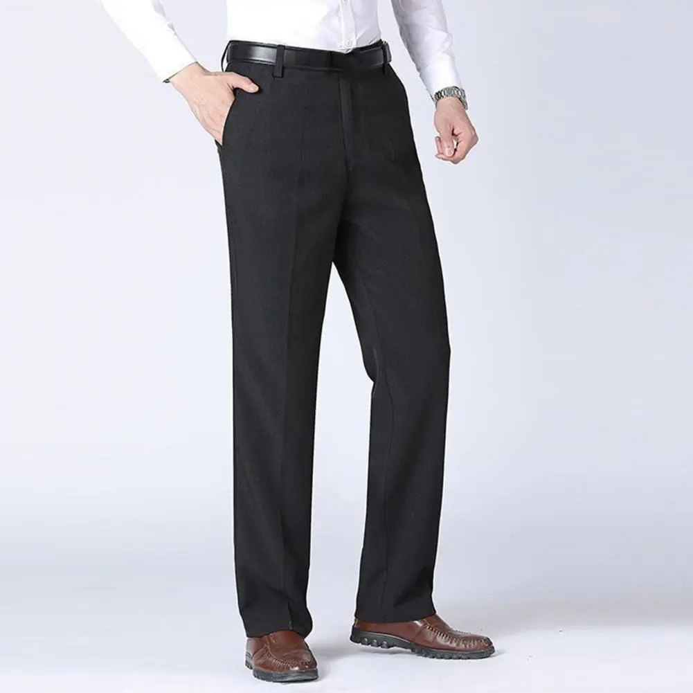 Men Business Pants High Waist Zipper Button Fly Pockets Men Pants Work Pants Solid Color Straight Fit Casual Suit Trousers