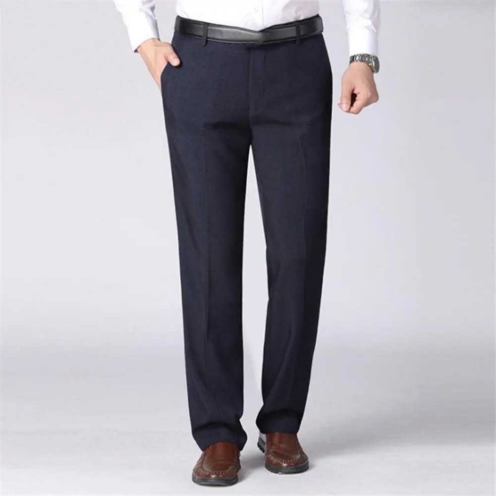 Men Business Pants High Waist Zipper Button Fly Pockets Men Pants Work Pants Solid Color Straight Fit Casual Suit Trousers