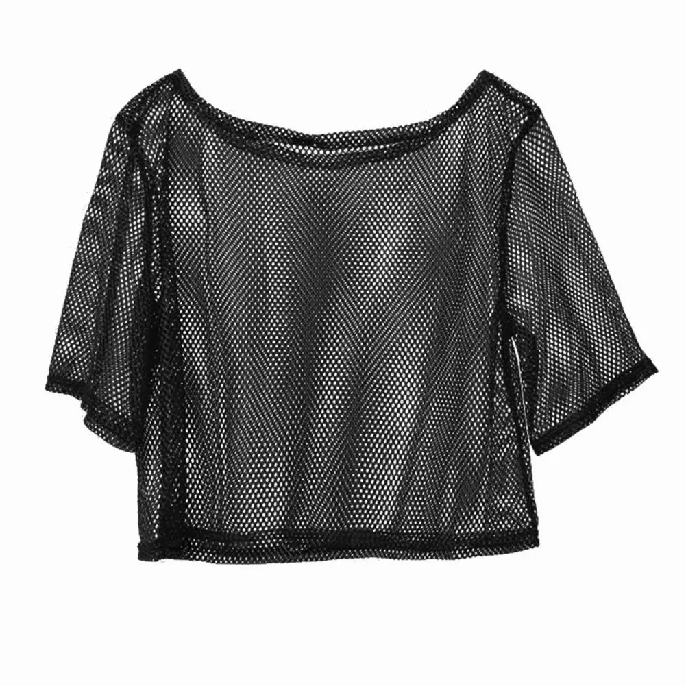 Sexy Crop Top Fishnet Women T-shirt Mesh See Through T Shirt Fishnet Hollow Out Beach Cover Up Nightclub Party Dance Top Blouses