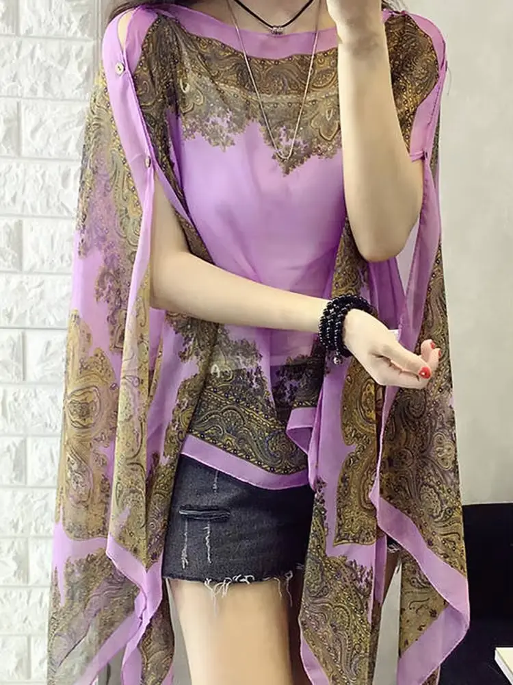 Chiffon Vintage Women Scarf Poncho Cashew Flower Print Multi-function Anti-sun Bikini Cover Up For Beach Bikinis Cover-ups