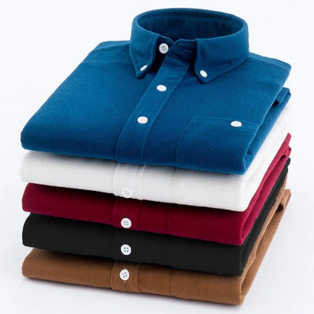 2025 M-3XL Men Slim Fit Corduroy Shirt Lapel Long Sleeve Shirt Tops Solid Color Pockets Casual Shirt Office Workwear Men Shirts