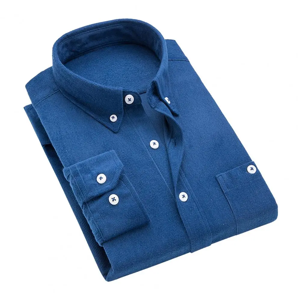 2025 M-3XL Men Slim Fit Corduroy Shirt Lapel Long Sleeve Shirt Tops Solid Color Pockets Casual Shirt Office Workwear Men Shirts