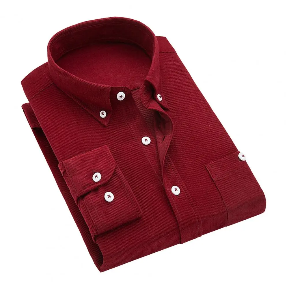2025 M-3XL Men Slim Fit Corduroy Shirt Lapel Long Sleeve Shirt Tops Solid Color Pockets Casual Shirt Office Workwear Men Shirts