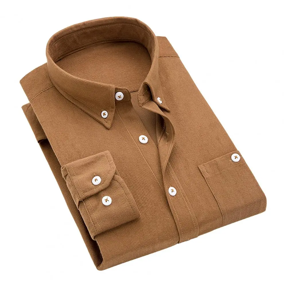 2025 M-3XL Men Slim Fit Corduroy Shirt Lapel Long Sleeve Shirt Tops Solid Color Pockets Casual Shirt Office Workwear Men Shirts