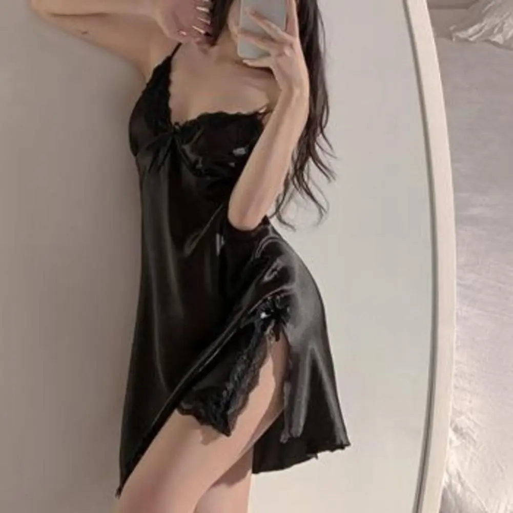 2025 Bowknot Lace Nightdress Women Casual Spaghetti Strap Sleep Dress Side Split Hem Nightdress Satin Sling Sleeping Dress