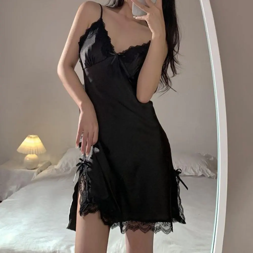 2025 Bowknot Lace Nightdress Women Casual Spaghetti Strap Sleep Dress Side Split Hem Nightdress Satin Sling Sleeping Dress