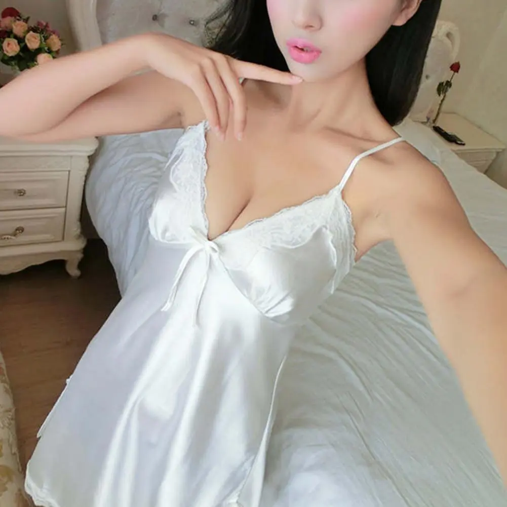 2025 Bowknot Lace Nightdress Women Casual Spaghetti Strap Sleep Dress Side Split Hem Nightdress Satin Sling Sleeping Dress