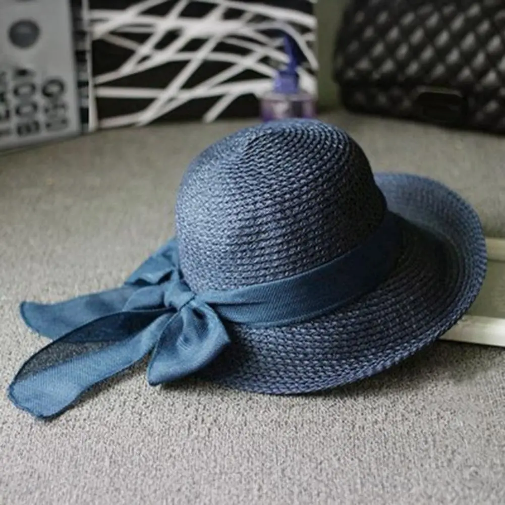 Versatile Beach Accessory Stylish Women's Beach Hat with Large Brim Sun Protection Elegant Lace-up Bowknot Detail for Daily