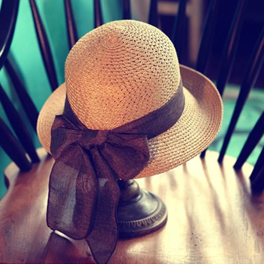 Versatile Beach Accessory Stylish Women's Beach Hat with Large Brim Sun Protection Elegant Lace-up Bowknot Detail for Daily