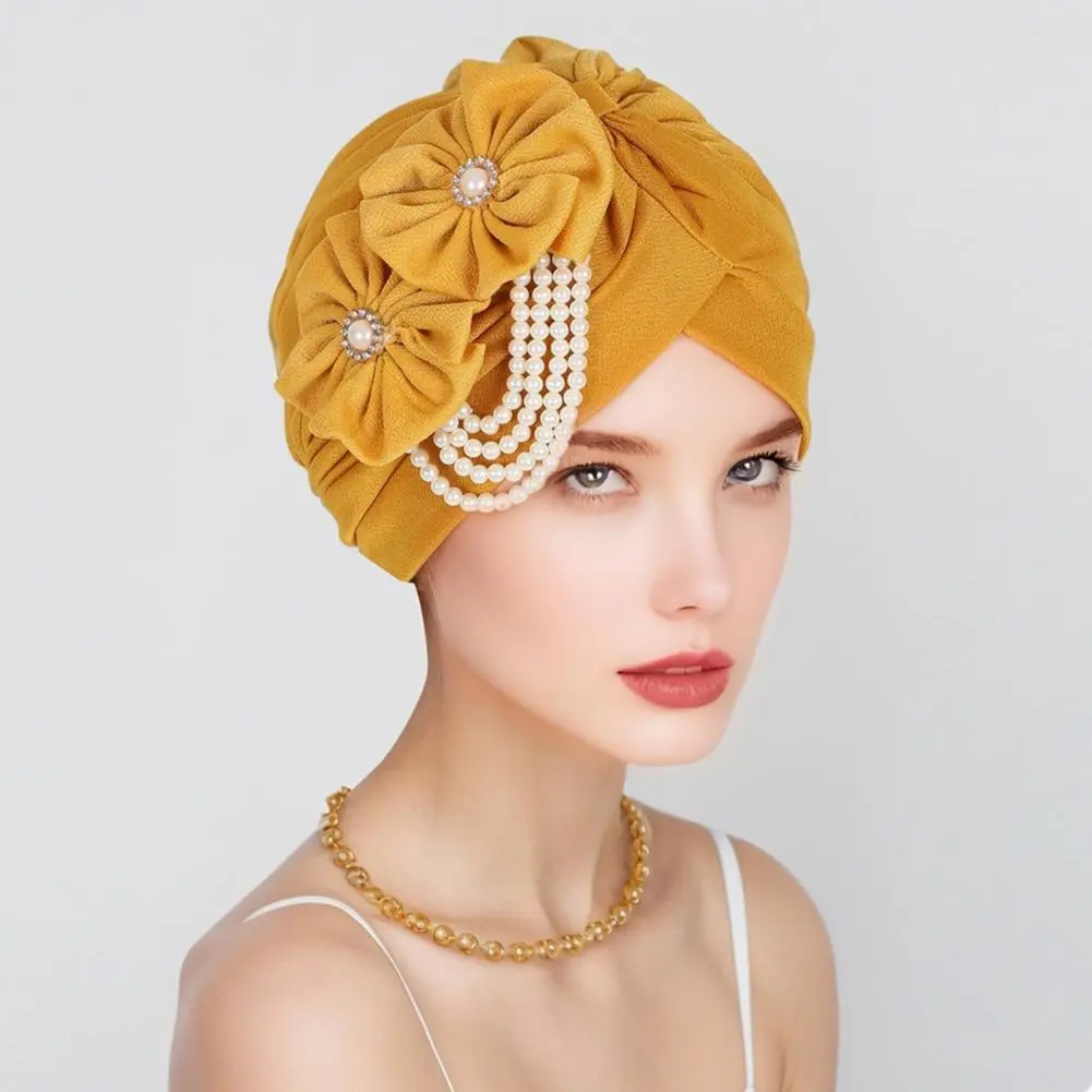 Black Women Headscarf Hat Comfortable Black Headscarf for Women Elegant Women's Headscarf Hat with Imitation Pearls for Sleep