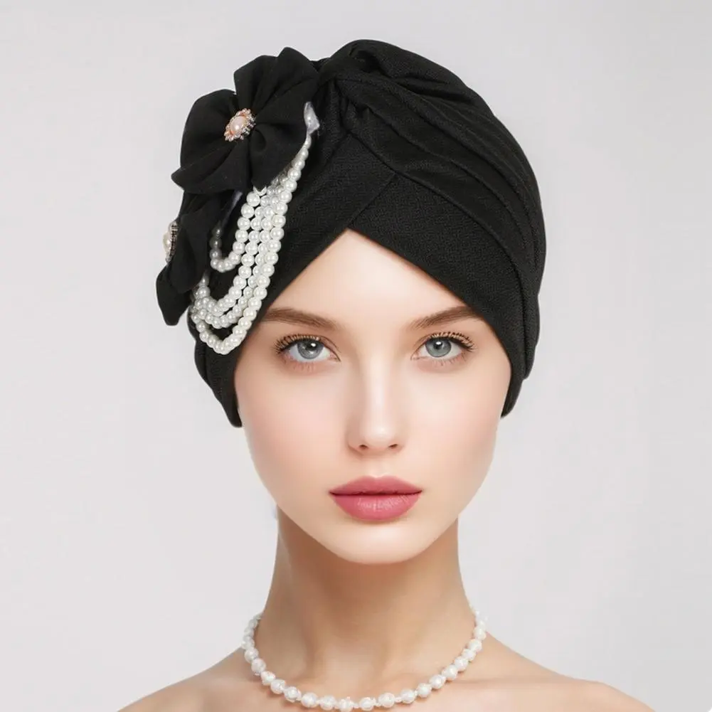 Black Women Headscarf Hat Comfortable Black Headscarf for Women Elegant Women's Headscarf Hat with Imitation Pearls for Sleep