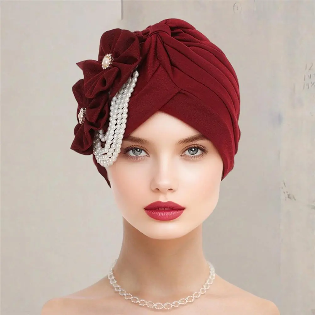 Black Women Headscarf Hat Comfortable Black Headscarf for Women Elegant Women's Headscarf Hat with Imitation Pearls for Sleep