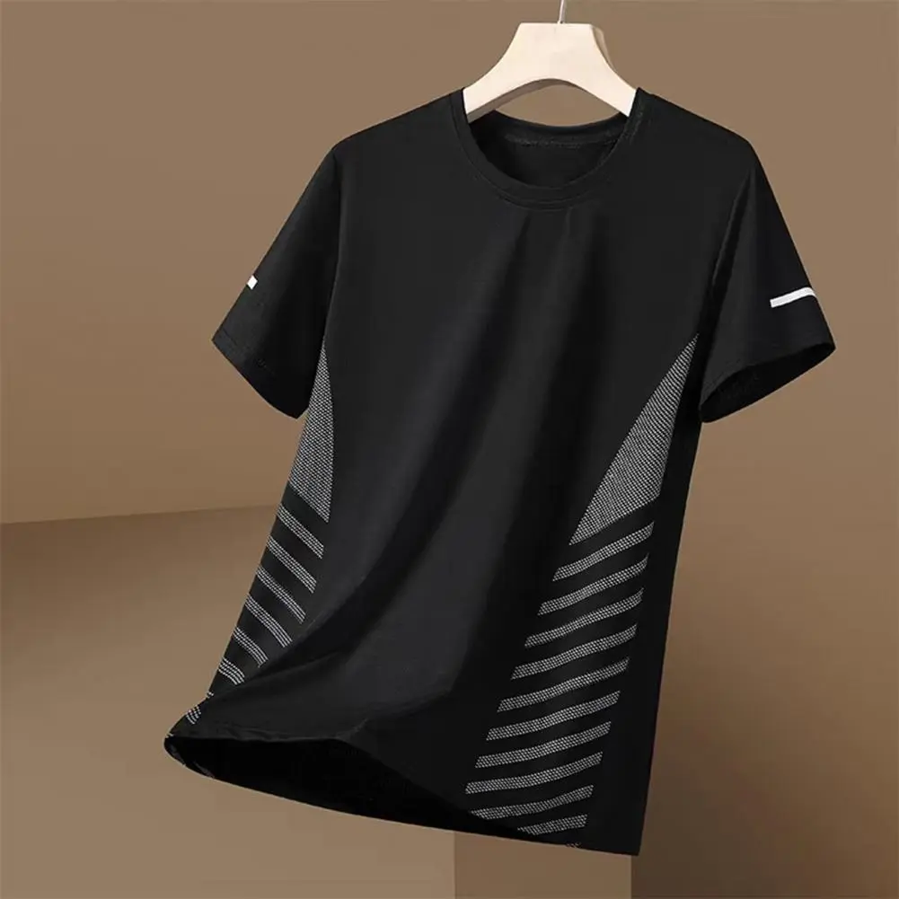 2025 M-5XL Summer Men Top Ice Silk Quick-drying Mesh Short Sleeves T-shirt Contrast Color Thin Elastic Soft Fabric Sport T-shirt