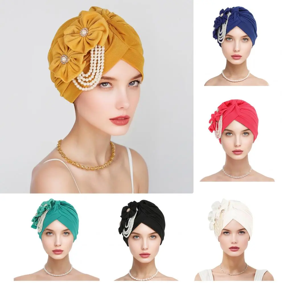 Black Women Headscarf Hat Comfortable Black Headscarf for Women Elegant Women's Headscarf Hat with Imitation Pearls for Sleep