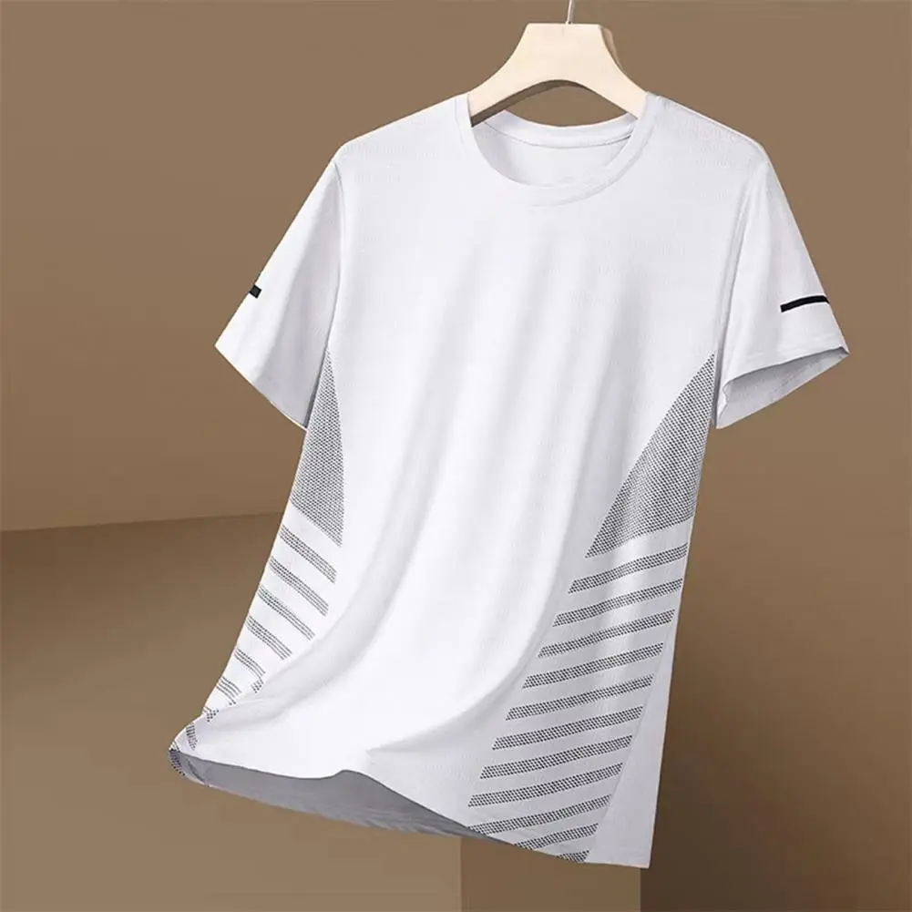 2025 M-5XL Summer Men Top Ice Silk Quick-drying Mesh Short Sleeves T-shirt Contrast Color Thin Elastic Soft Fabric Sport T-shirt