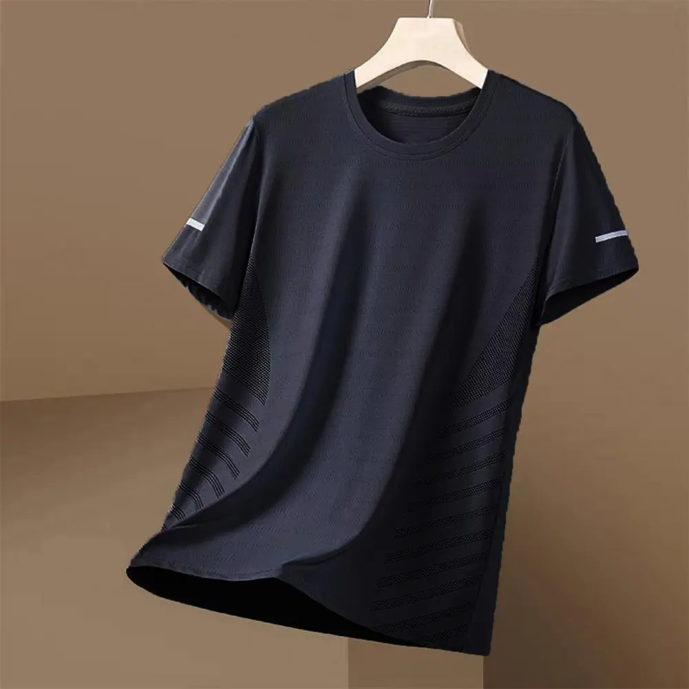 2025 M-5XL Summer Men Top Ice Silk Quick-drying Mesh Short Sleeves T-shirt Contrast Color Thin Elastic Soft Fabric Sport T-shirt