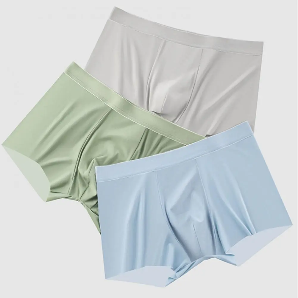2025 M-3XL Men Ice Silk Boxer Briefs Mid-rise Wide Waistband Ultra Thin Ice Silk Shorts Underwear Solid Color U-convex Panties