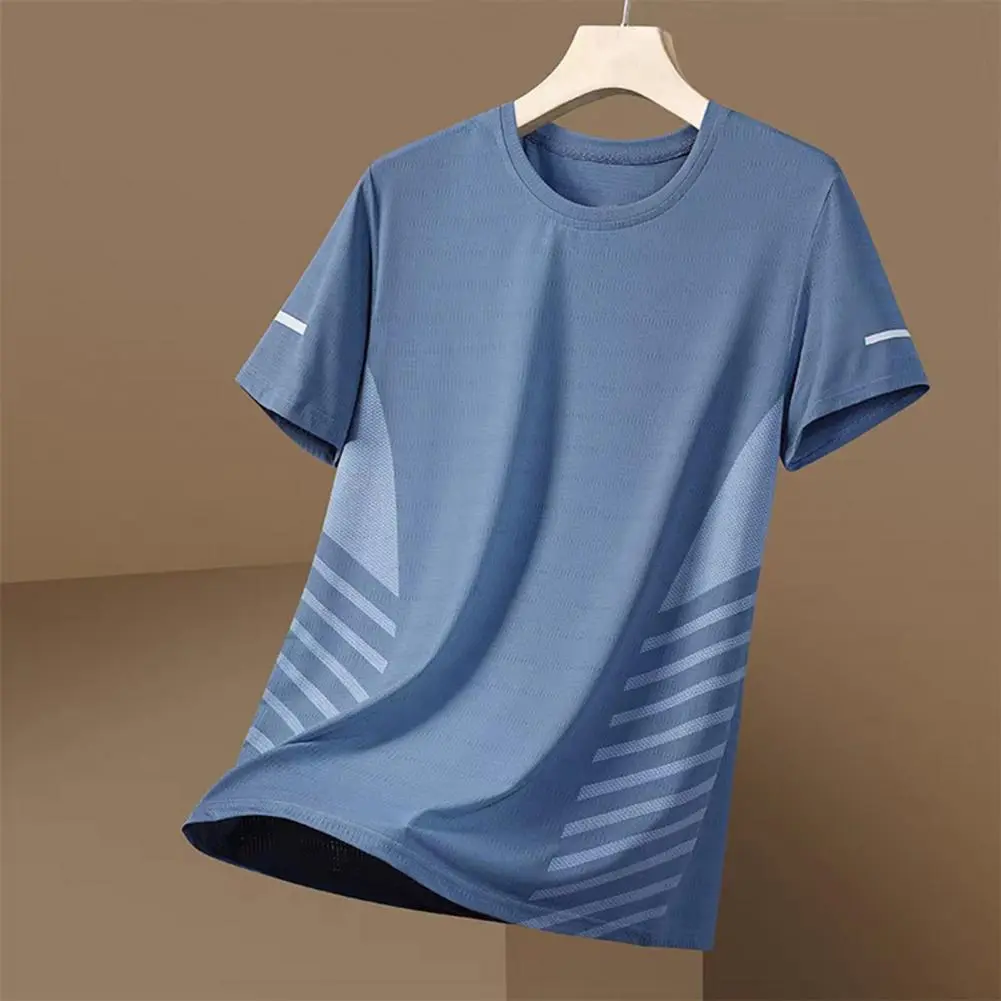 2025 M-5XL Summer Men Top Ice Silk Quick-drying Mesh Short Sleeves T-shirt Contrast Color Thin Elastic Soft Fabric Sport T-shirt
