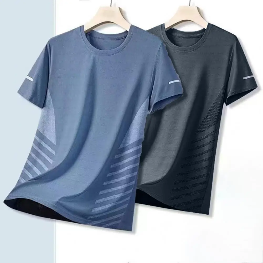 2025 M-5XL Summer Men Top Ice Silk Quick-drying Mesh Short Sleeves T-shirt Contrast Color Thin Elastic Soft Fabric Sport T-shirt