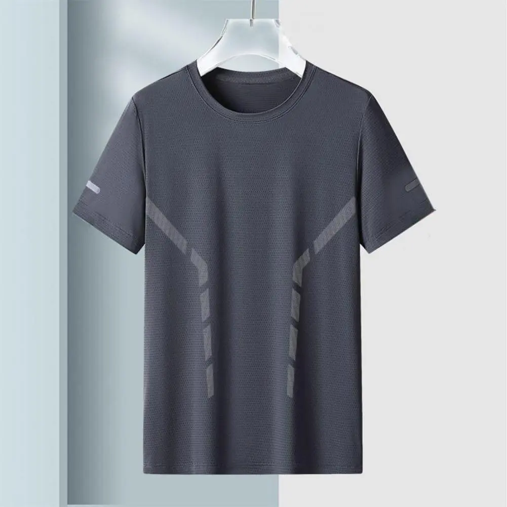 Summer Men T-shirt Ice Silk Round Neck Loose Pure Color Short Sleeves Pullover Casual Daily Wear Sport Fitness Top