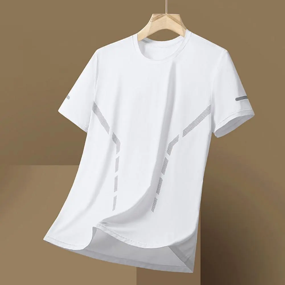Summer Men T-shirt Ice Silk Round Neck Loose Pure Color Short Sleeves Pullover Casual Daily Wear Sport Fitness Top