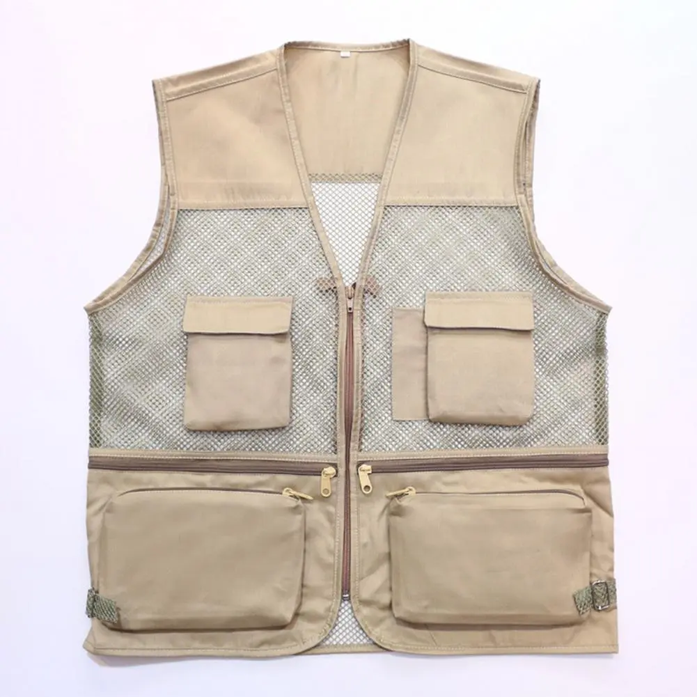 Men Waistcoat Breathable Sleeveless Multi Pockets Zipper Mesh Director Fishing Camping Vest Outdoor Mesh Vest Travel Waistcoat