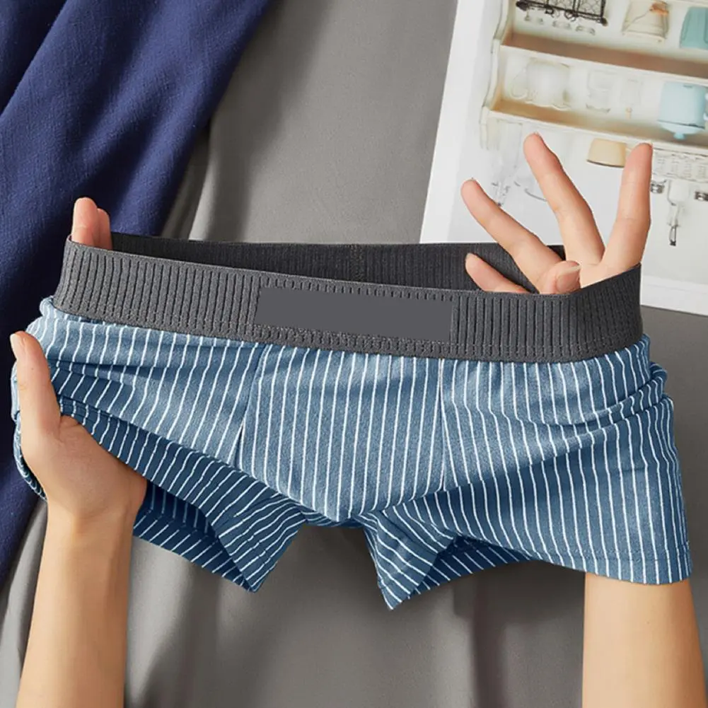 2025 new Men Boxer Underwear Mid-rise Striped Print Patchwork Color Thin Shorts Briefs Quick Drying U-convex Panties