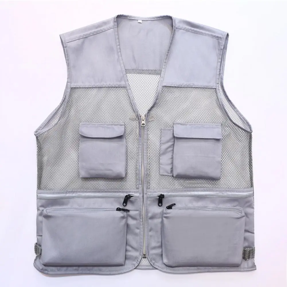 Men Waistcoat Breathable Sleeveless Multi Pockets Zipper Mesh Director Fishing Camping Vest Outdoor Mesh Vest Travel Waistcoat