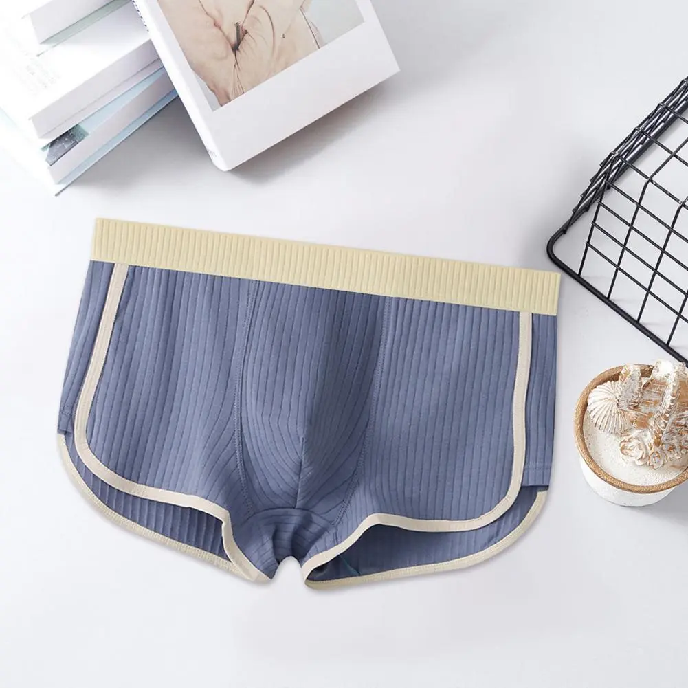 2025 M-3XL Men Boxer Underwear Mid-rise Elastic Waistband Patchwork Color Shorts Briefs U-convex Ribbed Panties Daily Wear