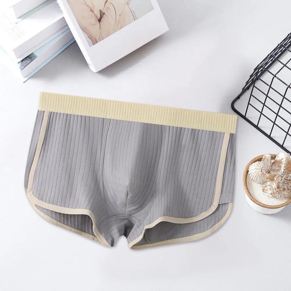 2025 M-3XL Men Boxer Underwear Mid-rise Elastic Waistband Patchwork Color Shorts Briefs U-convex Ribbed Panties Daily Wear