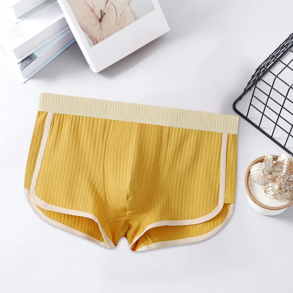2025 M-3XL Men Boxer Underwear Mid-rise Elastic Waistband Patchwork Color Shorts Briefs U-convex Ribbed Panties Daily Wear