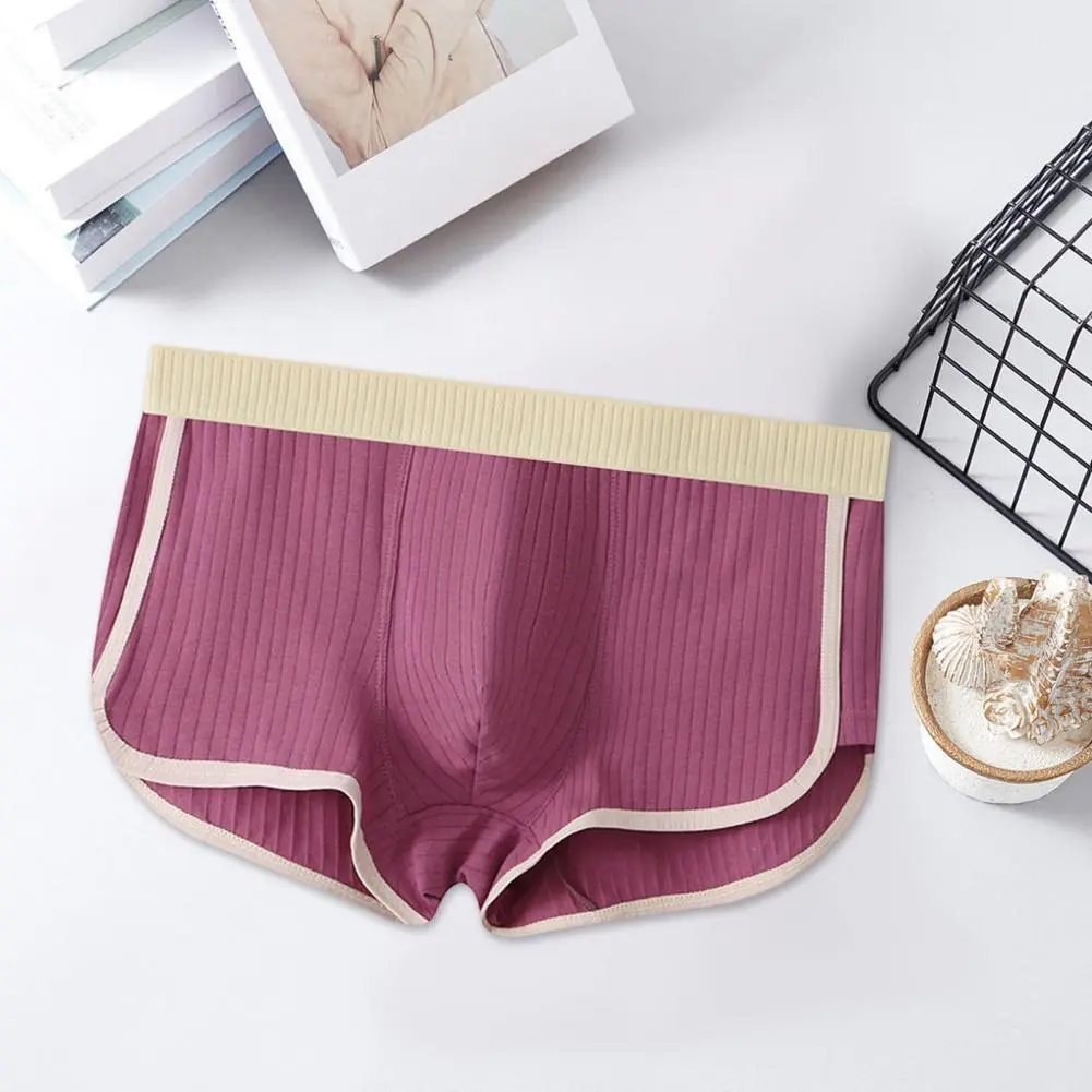 2025 M-3XL Men Boxer Underwear Mid-rise Elastic Waistband Patchwork Color Shorts Briefs U-convex Ribbed Panties Daily Wear