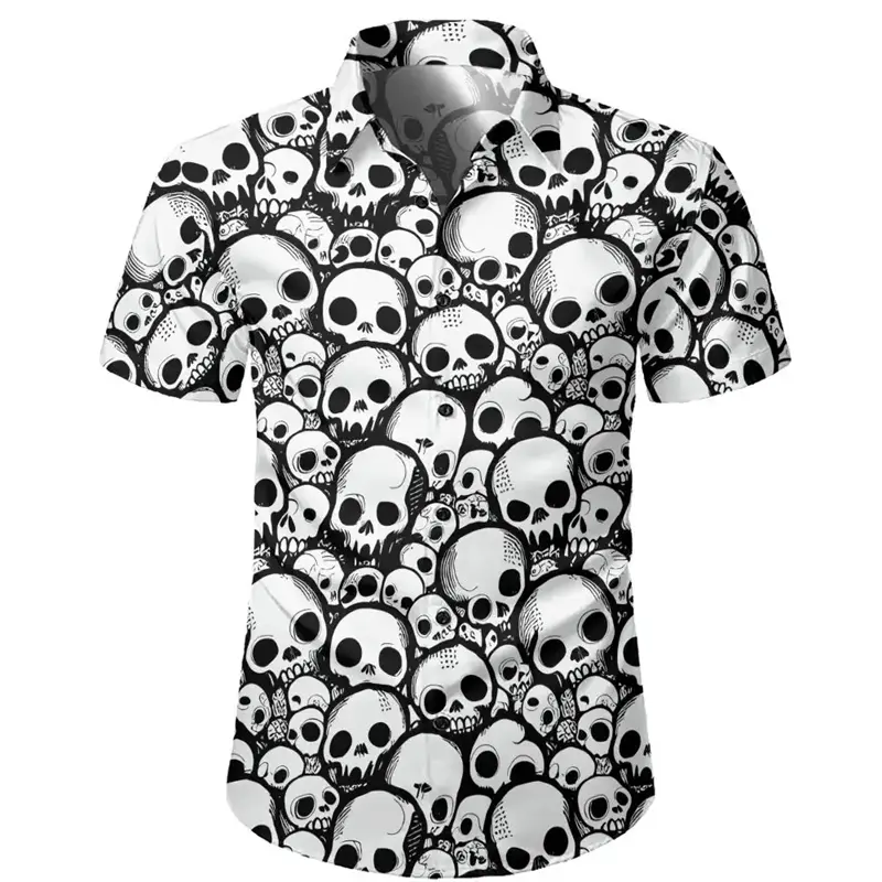 Men's Skull Shirts Casual Short Sleeve Shirt For Men Clothing 2024 Summer Men's Clothing Loose Oversized Lapel Shirt Tops Camisa