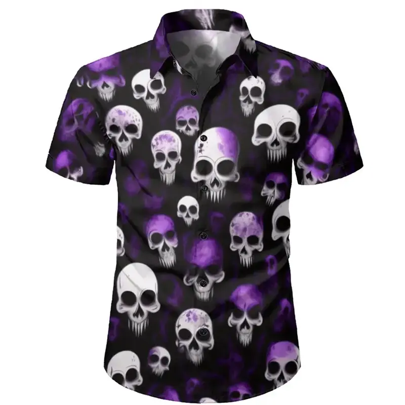 Men's Skull Shirts Casual Short Sleeve Shirt For Men Clothing 2024 Summer Men's Clothing Loose Oversized Lapel Shirt Tops Camisa
