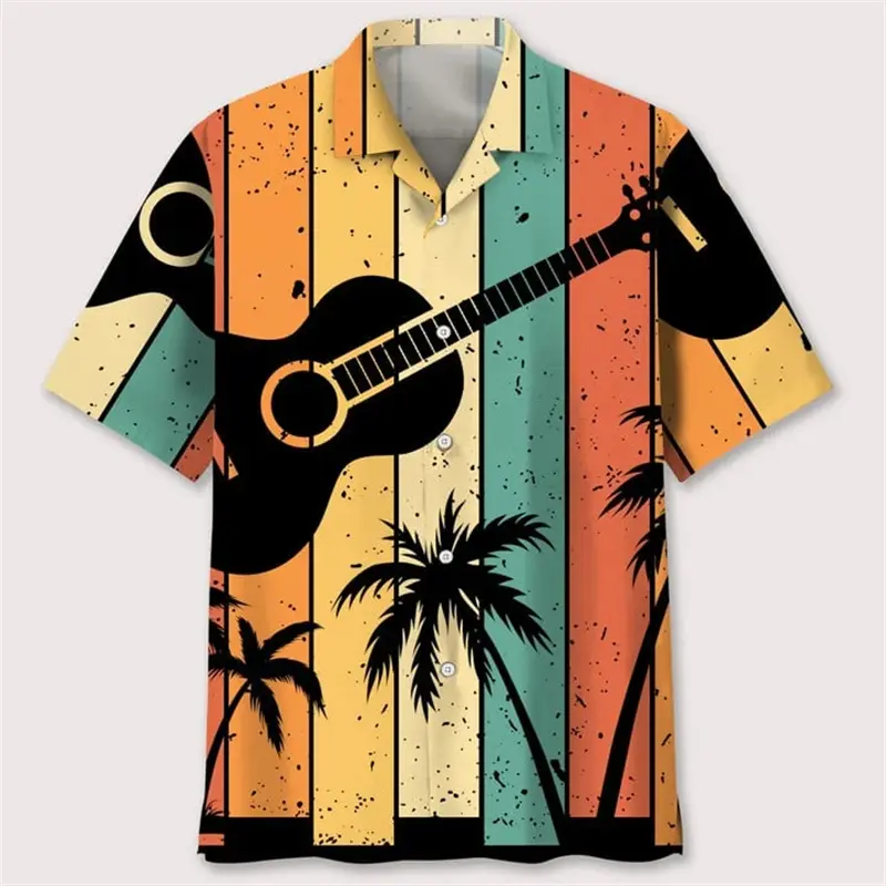 Men's Designer Hawaii Shirts Short Sleeve y2k Tops Fashion Streetwear 3d Print Guitar Music Pattern Casual Vintage Female Blouse