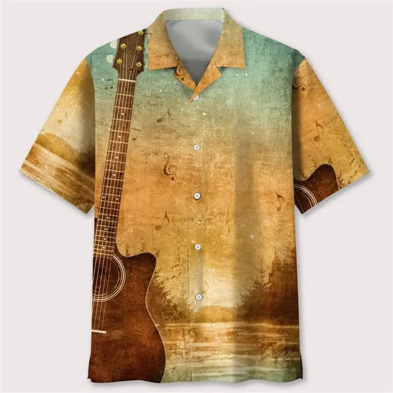 Men's Designer Hawaii Shirts Short Sleeve y2k Tops Fashion Streetwear 3d Print Guitar Music Pattern Casual Vintage Female Blouse
