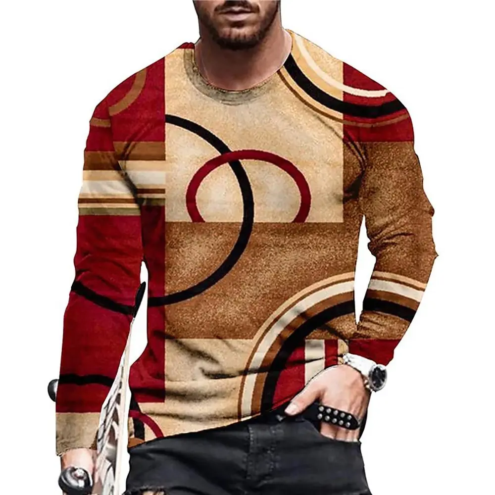 Retro Men Round neck long sleeved variegated T-shirt Color Block 3D Print T-shirts Spring Autumn Loose Casual Top Men's clothing