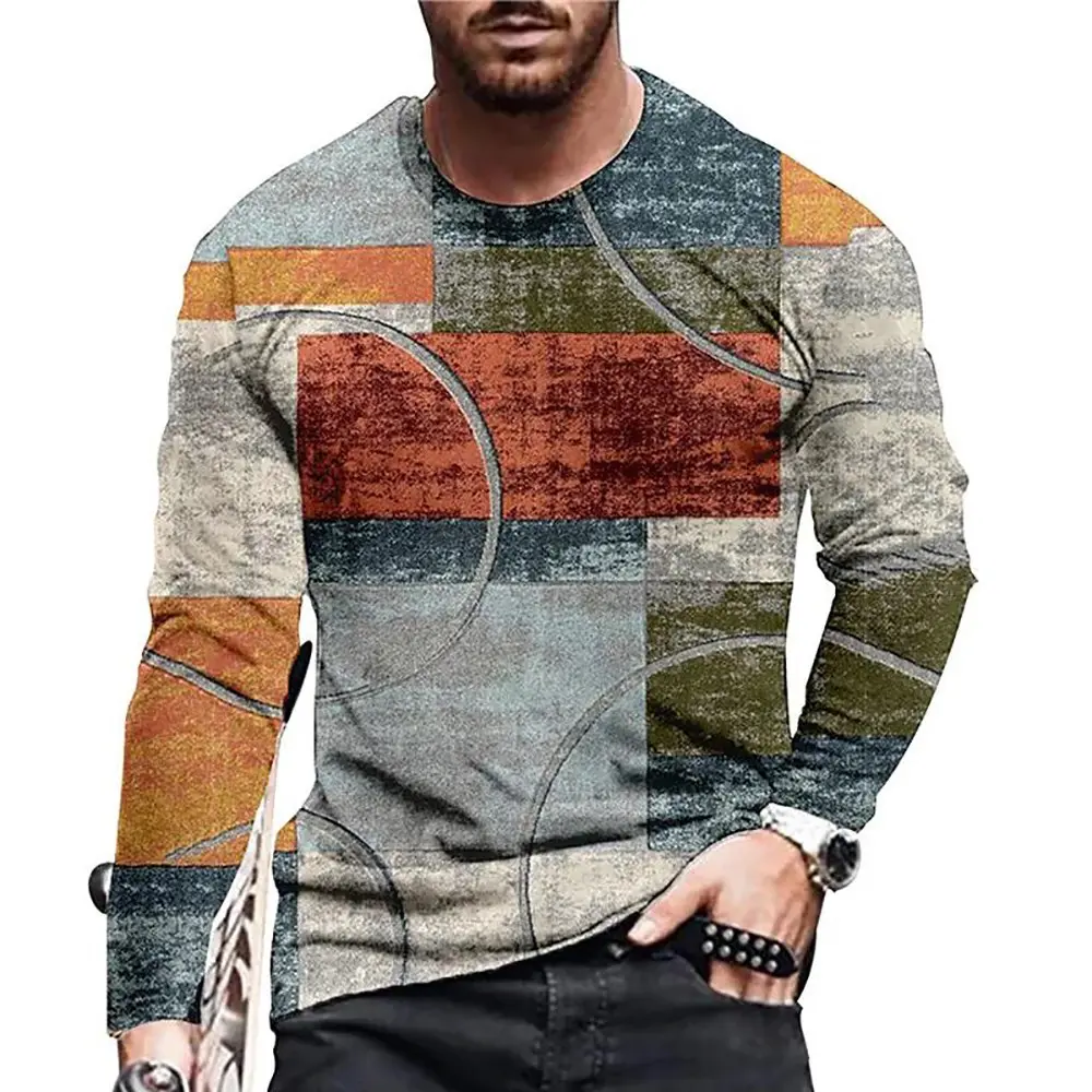 Retro Men Round neck long sleeved variegated T-shirt Color Block 3D Print T-shirts Spring Autumn Loose Casual Top Men's clothing