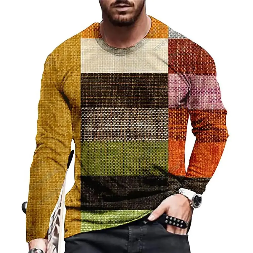Retro Men Round neck long sleeved variegated T-shirt Color Block 3D Print T-shirts Spring Autumn Loose Casual Top Men's clothing