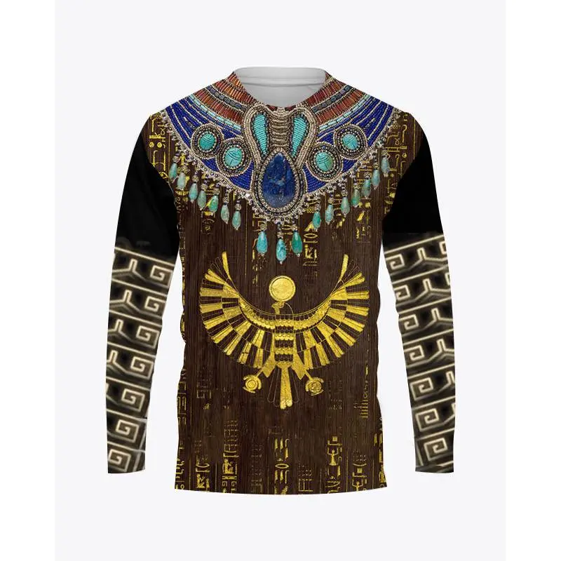 Ancient Egyptian Horus Print Summer Men's O-Neck T-shirt Casual Long Sleeve Oversized Pullover Fashion Tops Trend Men Clothing